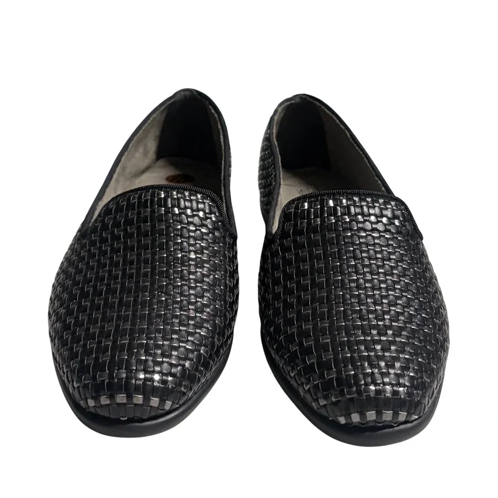 Ros Hommerson Woven‎ Leather Loafers Black Silver Metallic Flats Womens 10W